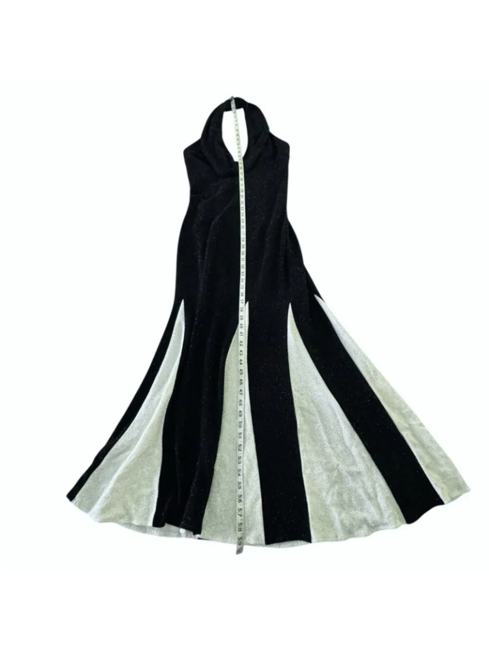 Maxi Halter Dress Women's 10 Black White Sparkly Stretchy Cruella Vintage - Picture 15 of 16